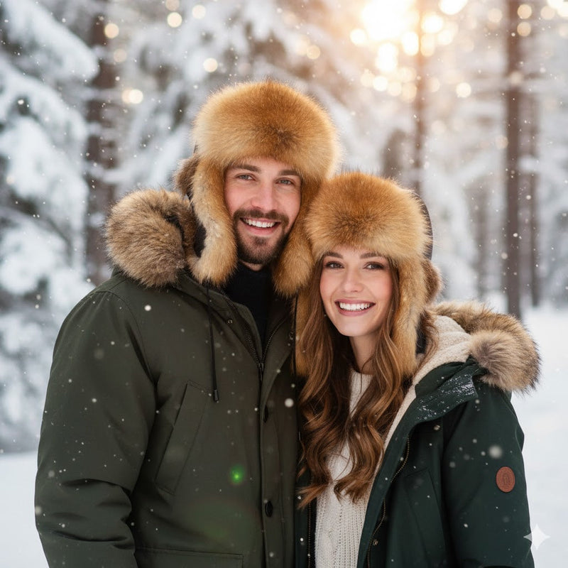 man and woman wearing Tecumseh Canada fox fur bomber hats
