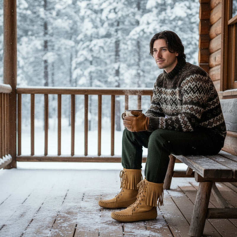 Man wearing mukluk snowshoe boots with gum sole on a snow covered deck 
