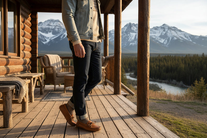Man wearing moccasins on a veranda overlooking the alberts rockies 
