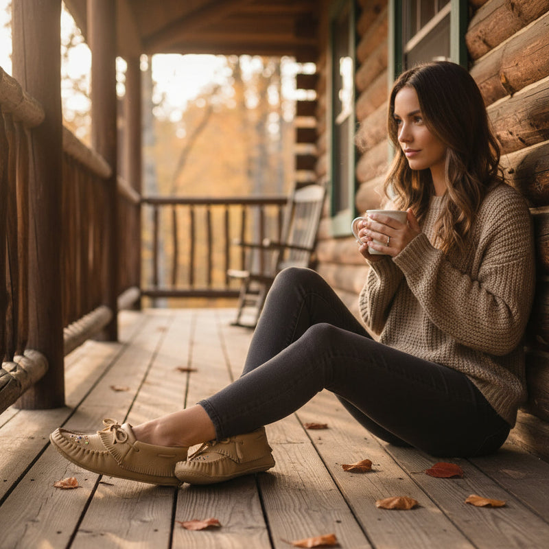 Woman drinking hot chocolate sitting on veranda wearing moccasins by Tecumseh 