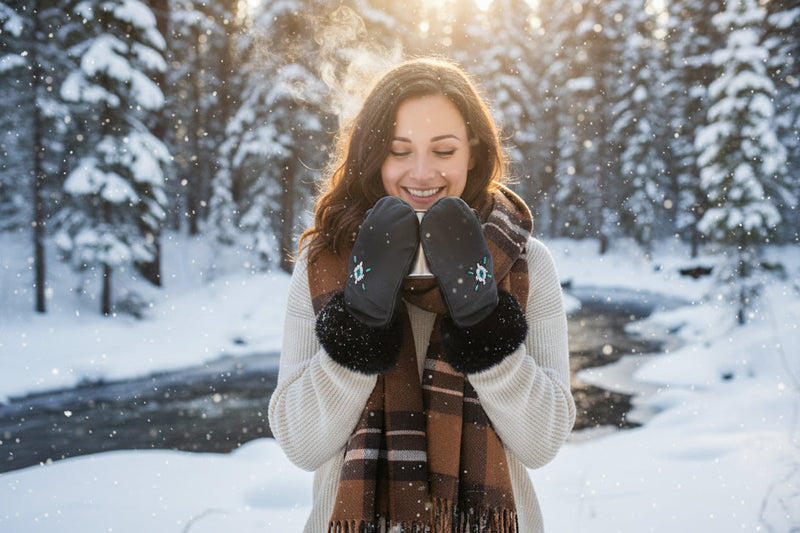 woman wearing mittens drinking hot chocolate