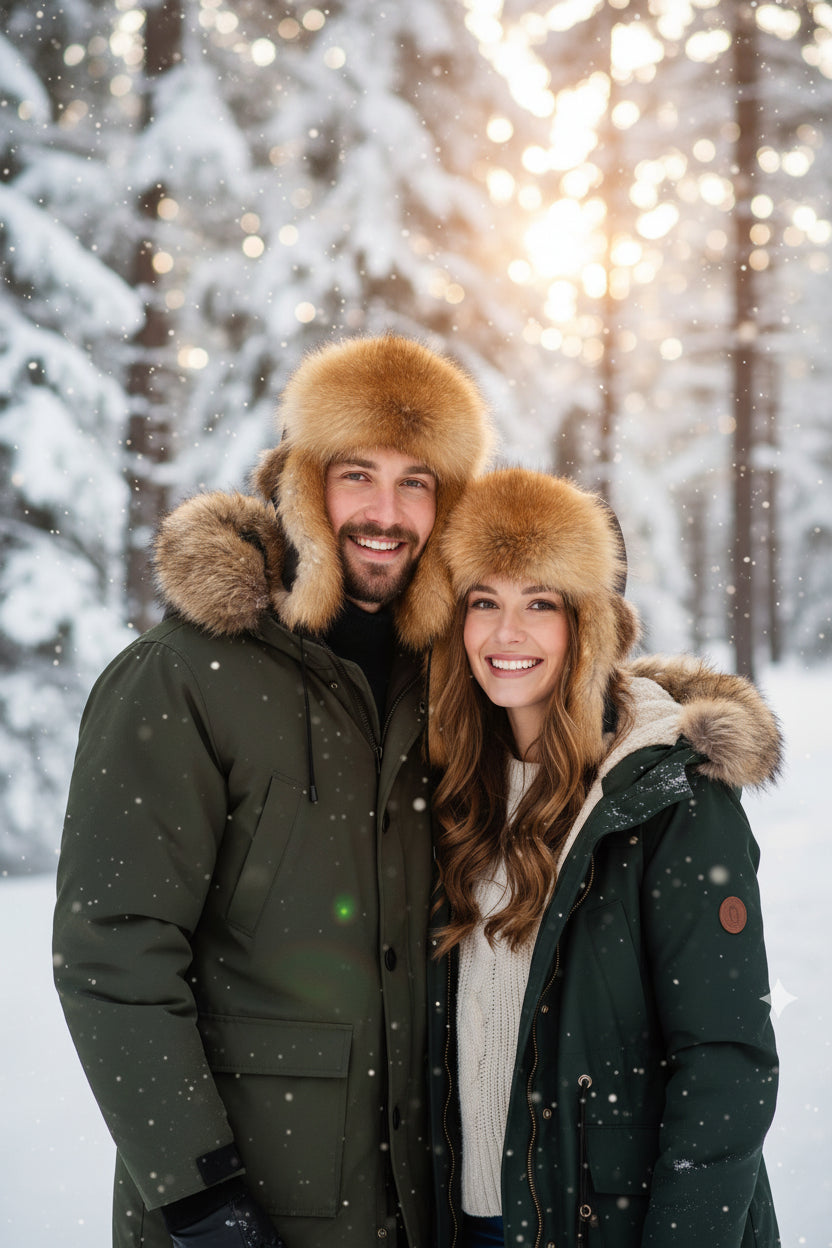 Two people wearing fur hats and winter coats in a snowy forest.