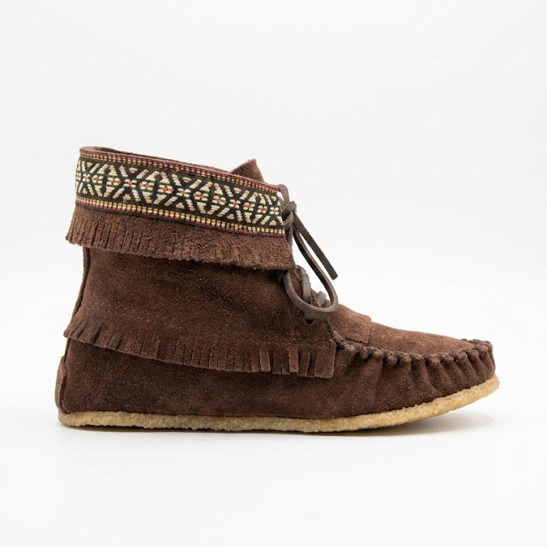 Brown moccasin-style shoe with decorative pattern on a white background