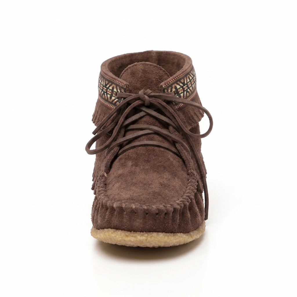 Brown suede boot with decorative elements on a white background