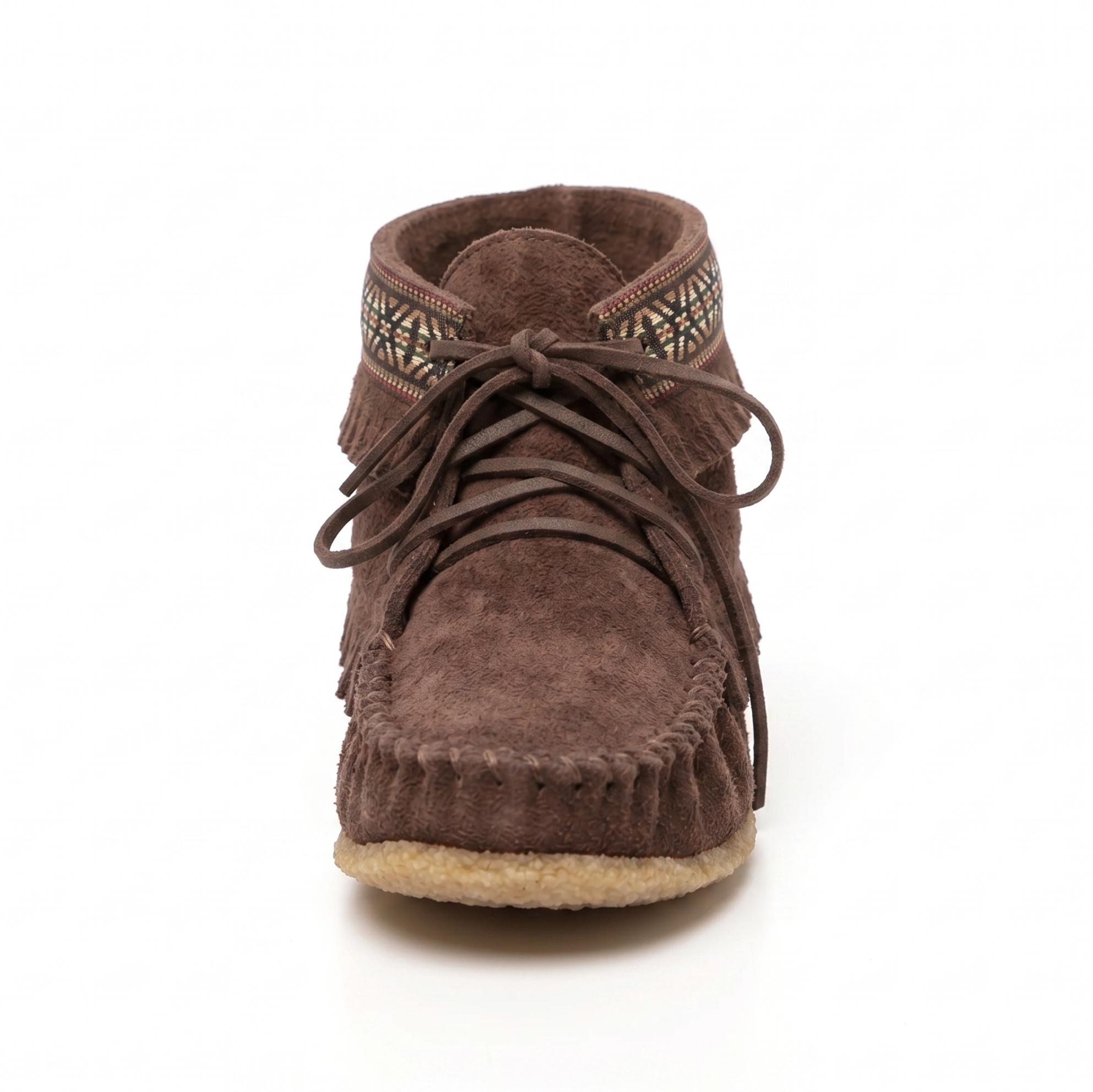 Brown suede boot with decorative elements on a white background