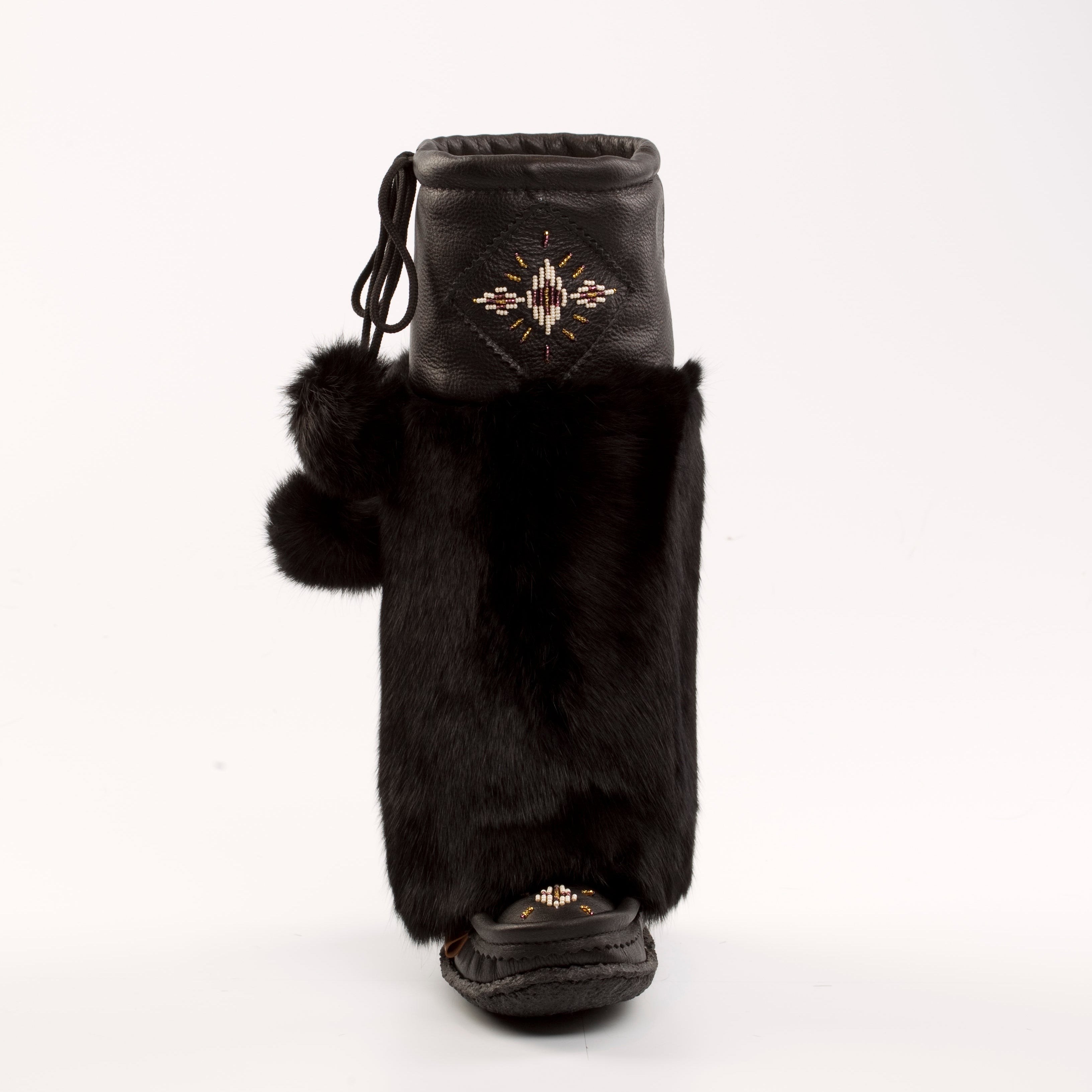 Black fur-trimmed leather handbag with geometric design on a white background