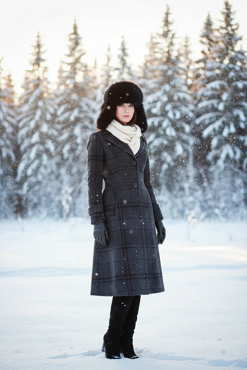 Person wearing a long coat and hat in a snowy forest