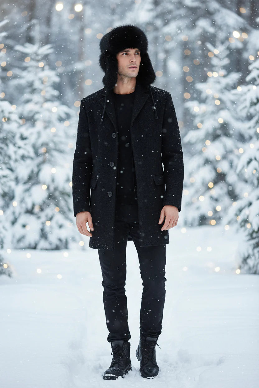 Man in a black coat and fur hat standing in a snowy forest with blurred lights in the background