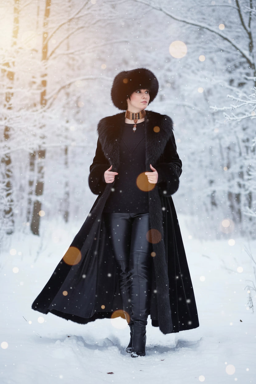 Person wearing a long black coat with brown polka dots in a snowy forest