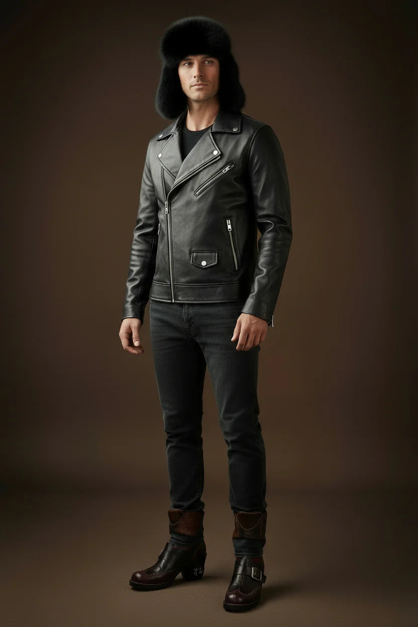 Man wearing a black leather jacket, pants, fur hat, and boots against a brown background