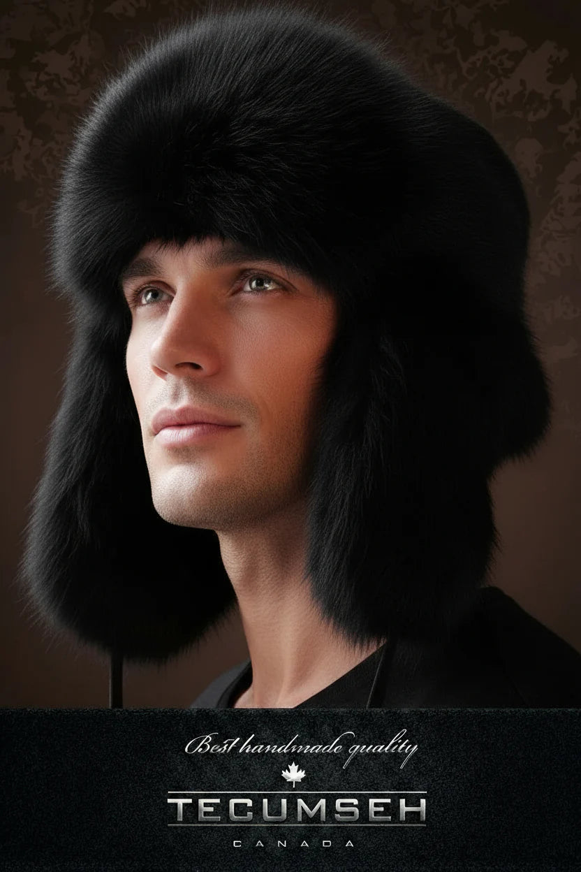 Man wearing a black fur hat with 'Tecumseh Canada' branding on a dark background
