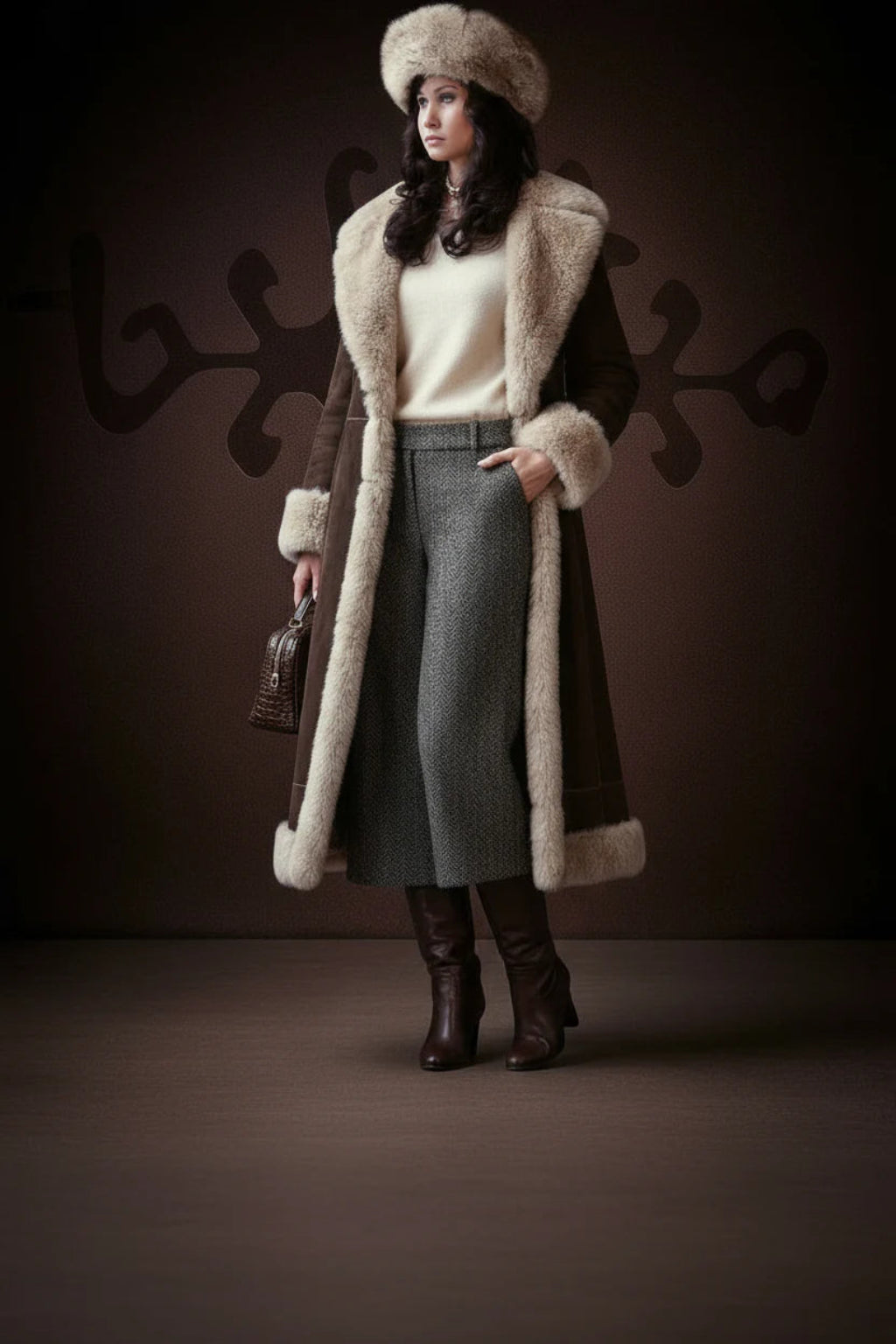 Woman wearing a long fur coat and hat against a dark background
