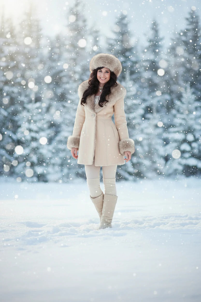Woman in a beige coat and hat standing in a snowy forest