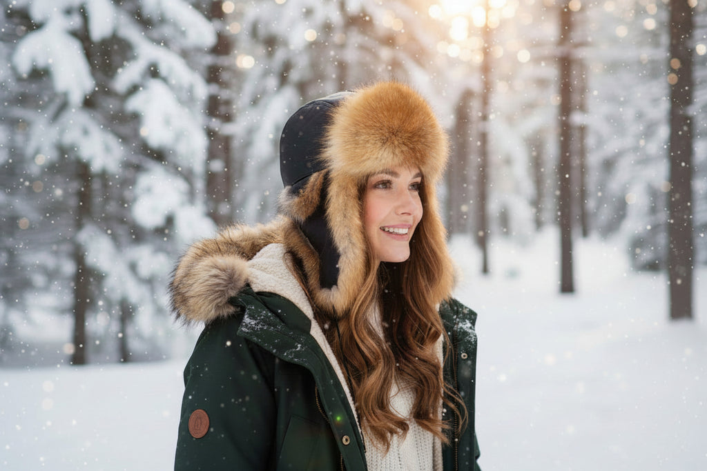 Woman wearing a fur-trimmed hat and coat in a snowy forest