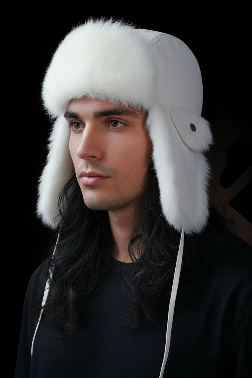 Person wearing a white fur hat with ear flaps on a black background