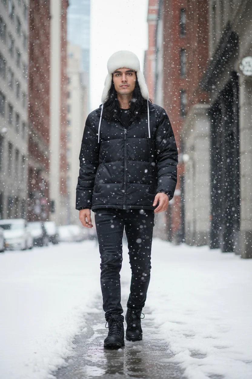 Person wearing a black puffer jacket and pants walking on a snowy street.