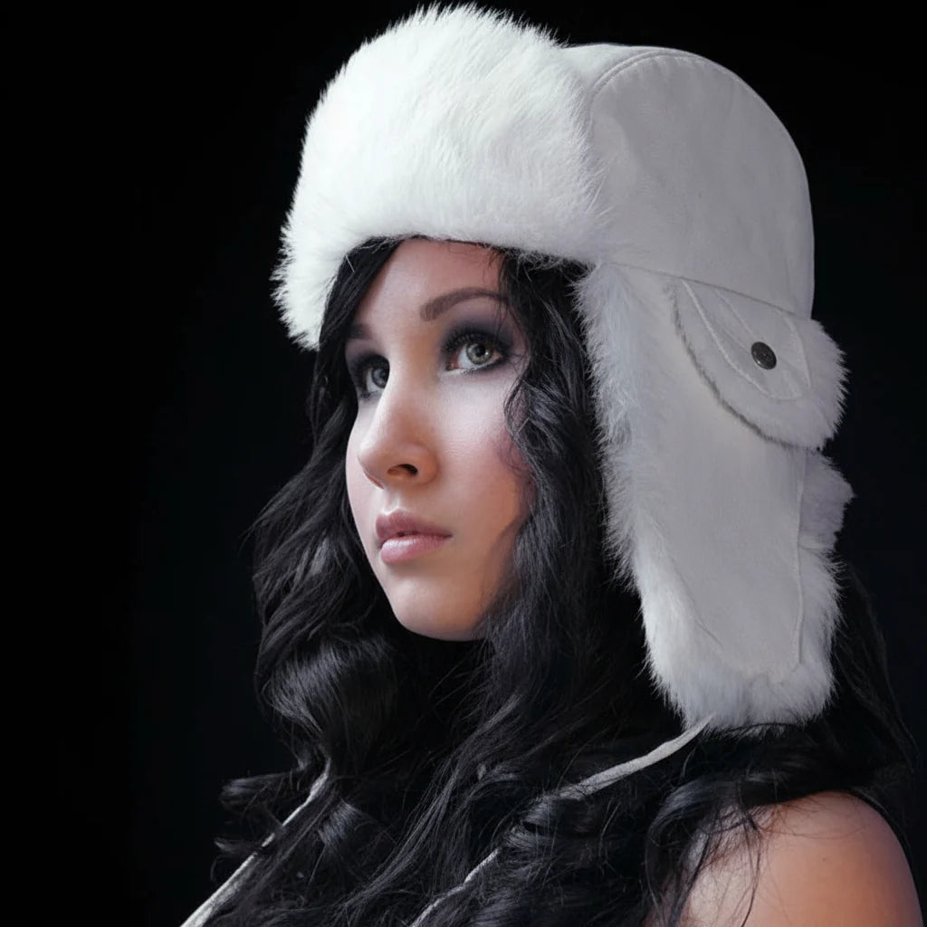 Woman wearing a white fur hat against a black background