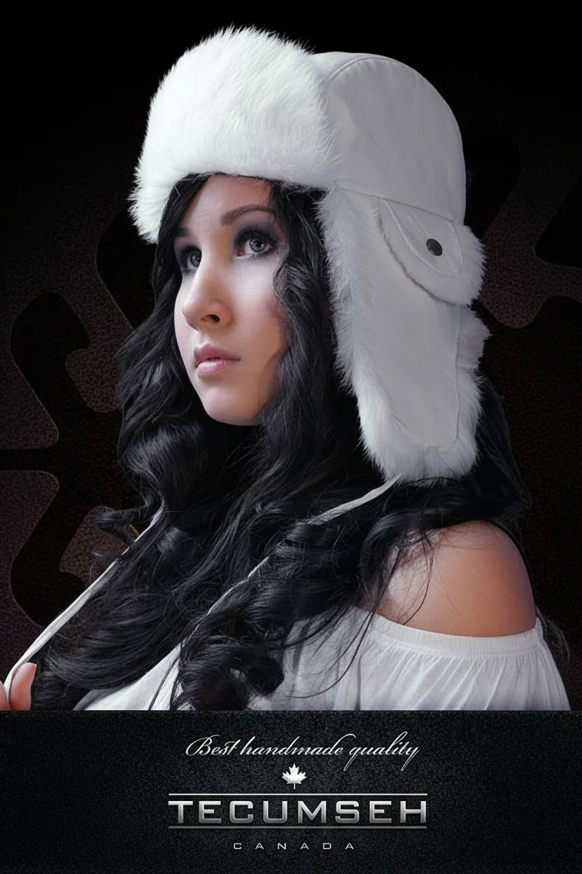 Woman wearing a white fur hat with a black background, featuring the Tecumseh Canada brand.