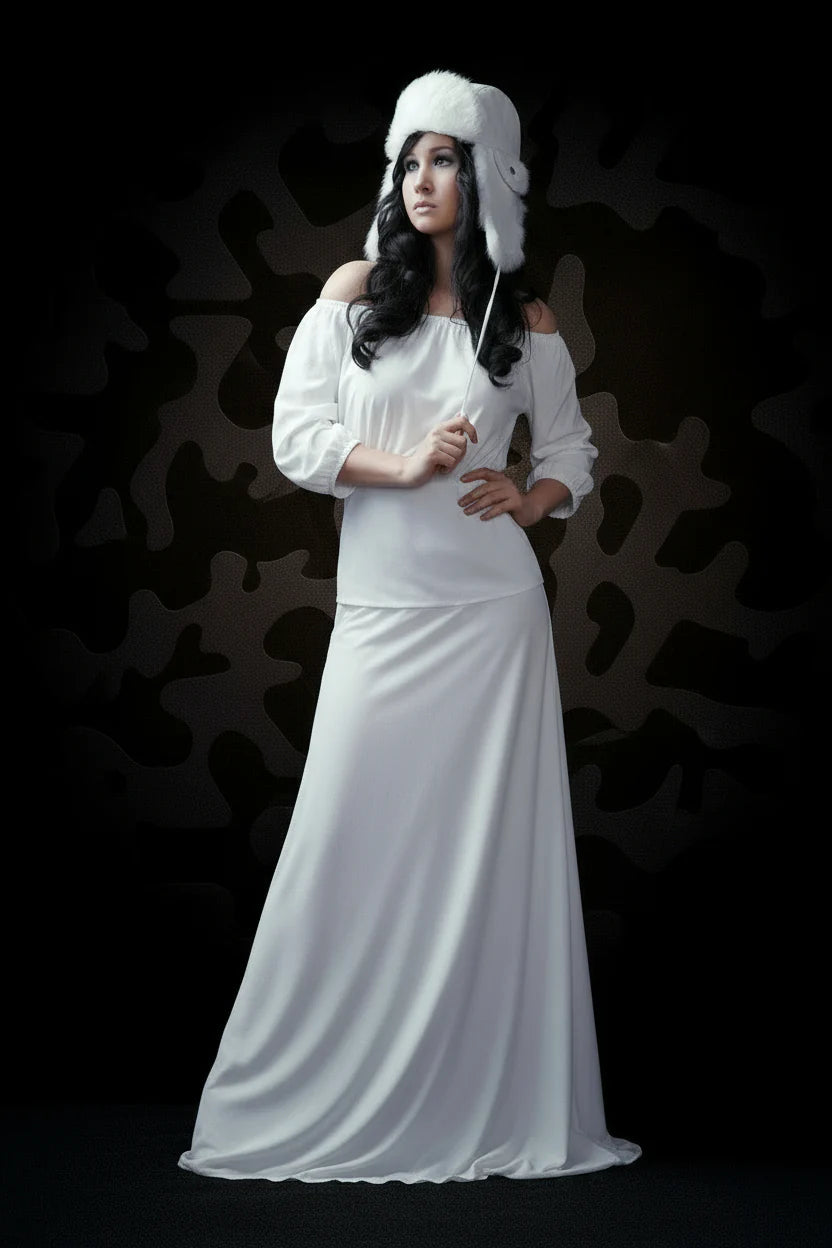 Woman wearing a long white dress and hat against a dark background
