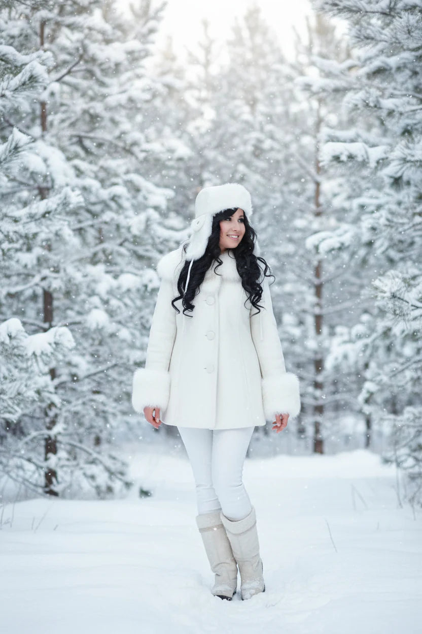Person wearing a white winter coat with a hood in a snowy forest