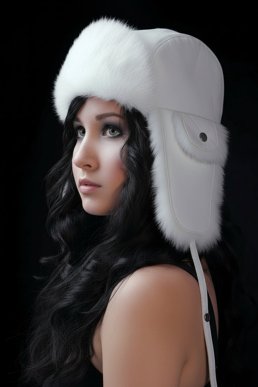 Woman wearing a white fur hat against a black background