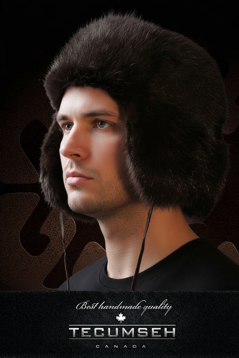 Person wearing a black fur hat with Tecumseh branding on a dark background