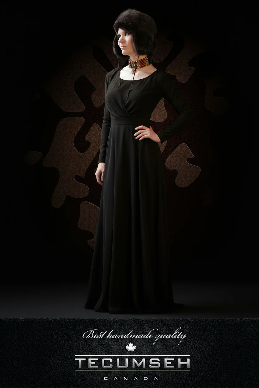 Woman wearing a black dress against a dark background with 'Tecumseh Canada' branding. fur hat