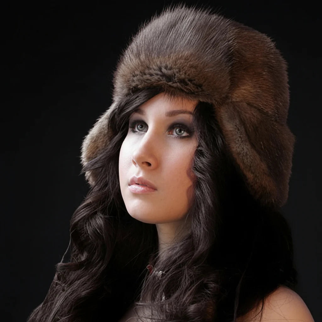 woman wearing a muskrat fur bomber hat