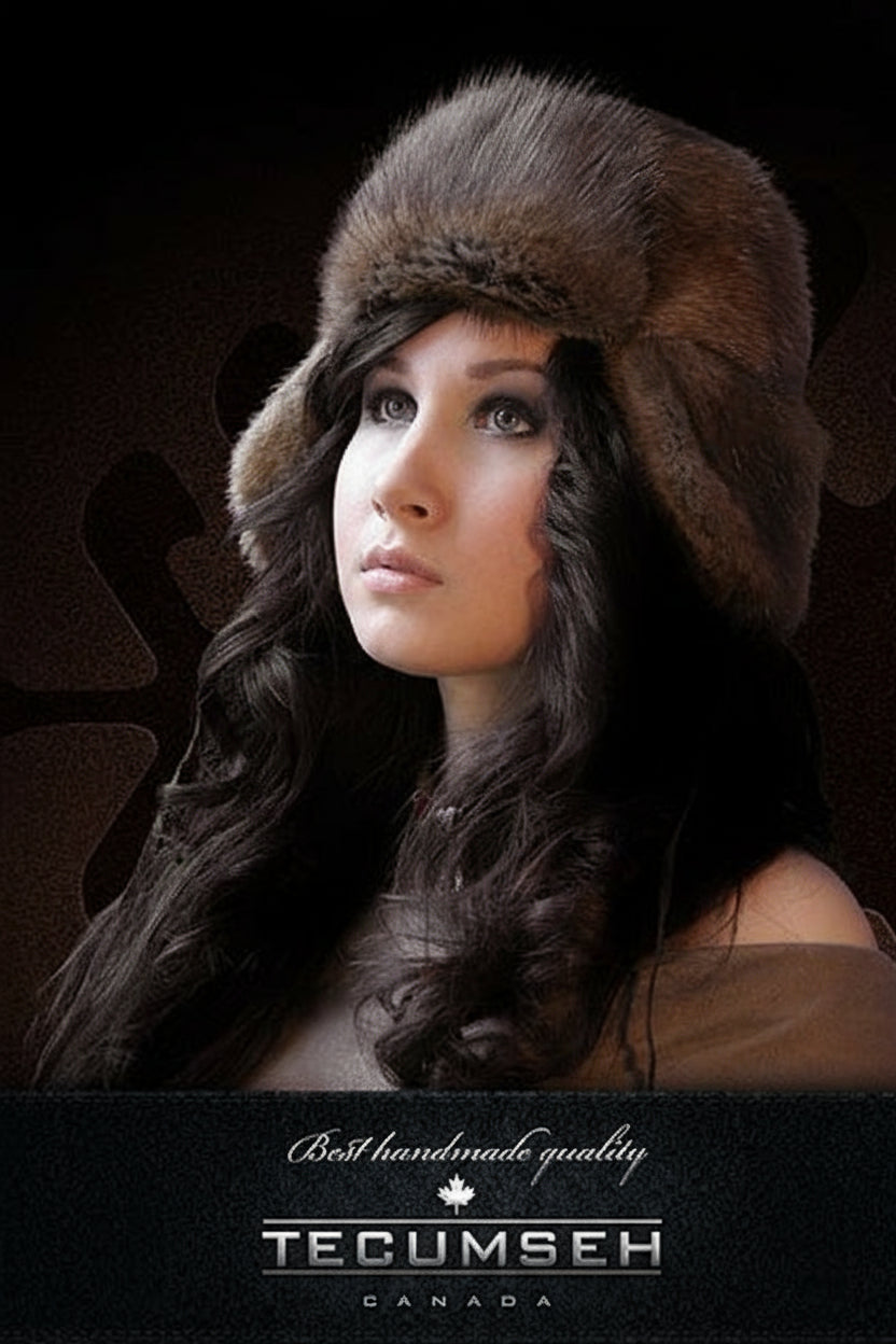 Woman wearing a fur hat with 'Tecumseh Canada' branding on a dark background