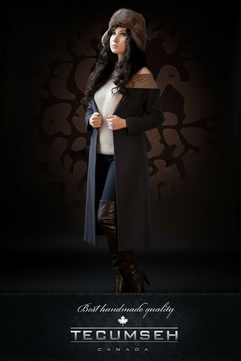 Woman in a long coat and hat against a dark background with 'Tecumseh Canada' branding.