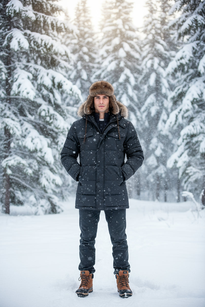 Person wearing a winter coat and fur hat standing in a snowy forest