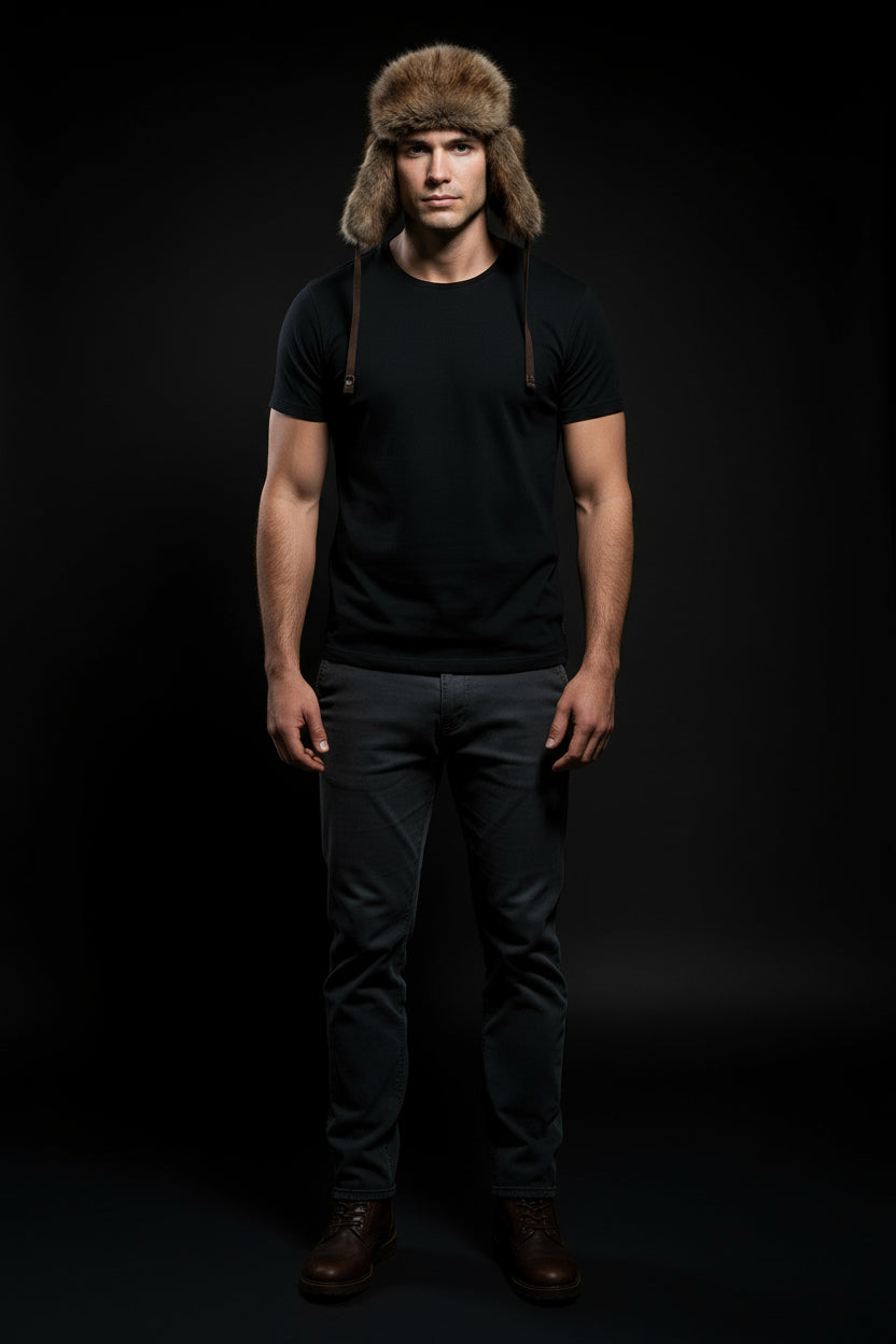 Man wearing a black t-shirt, dark pants, and a fur hat against a black background