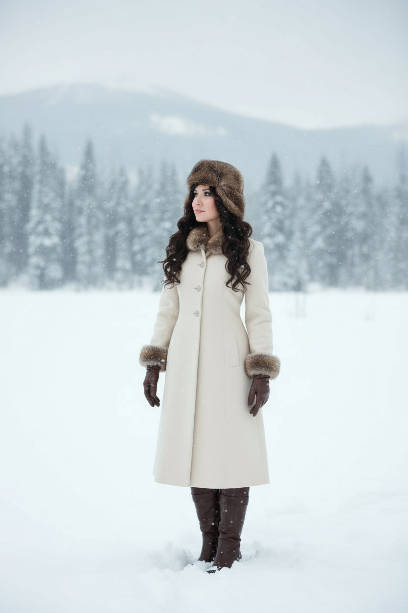 Woman in a long coat with fur trim standing in a snowy landscape with trees and mountains.