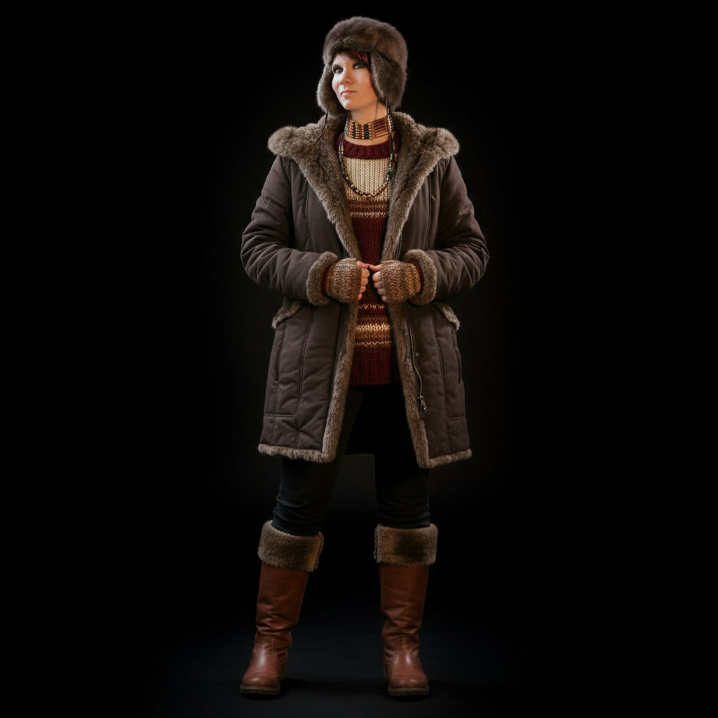 Person wearing a long coat with fur trim, boots, and a patterned sweater on a black background