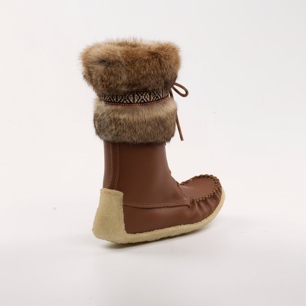 Brown boot with fur cuff on a white background