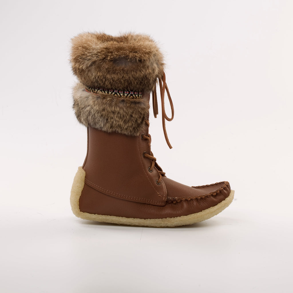 Brown winter boot with fur cuff on a white background