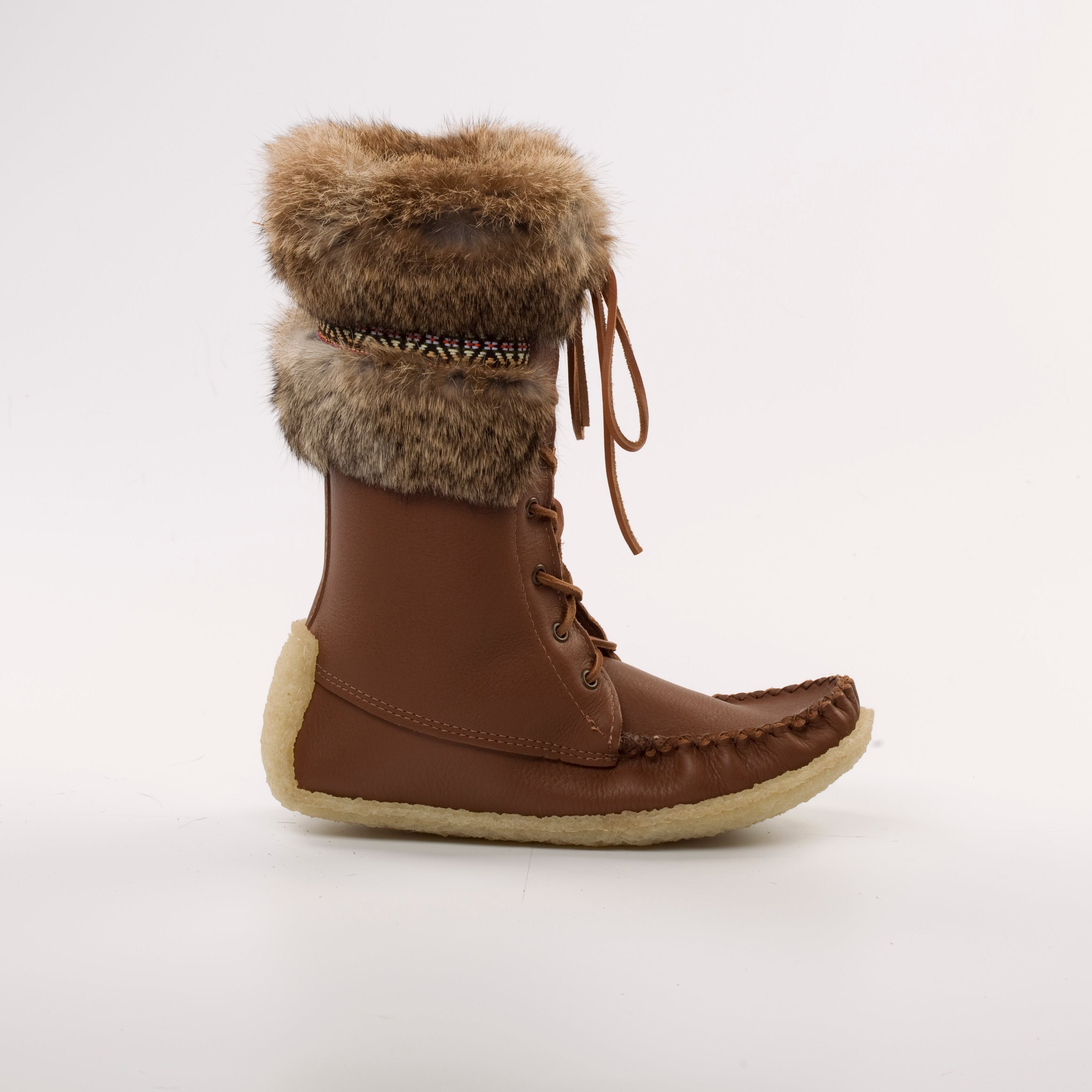 Brown winter boot with fur cuff on a white background