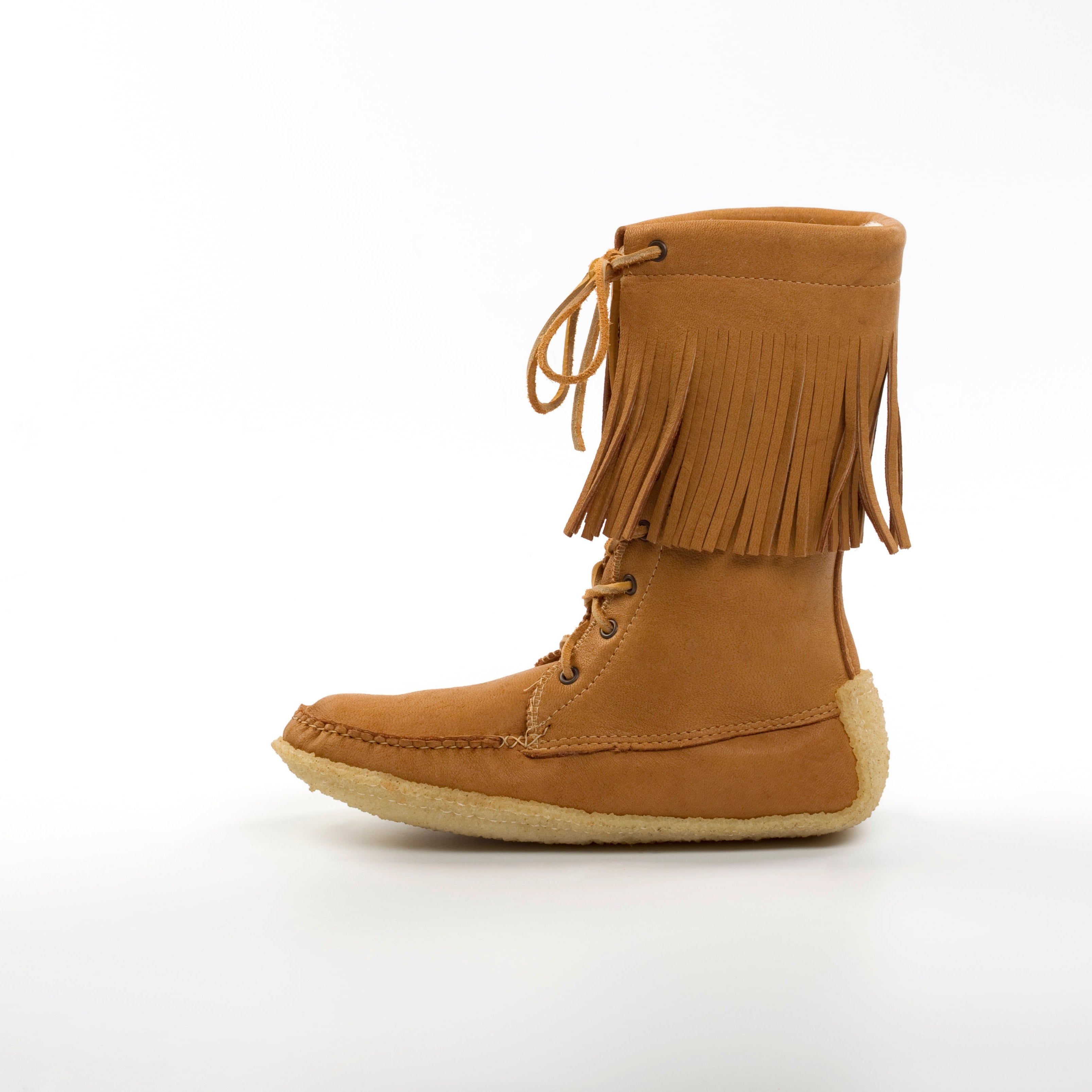Brown fringed boot on a white background