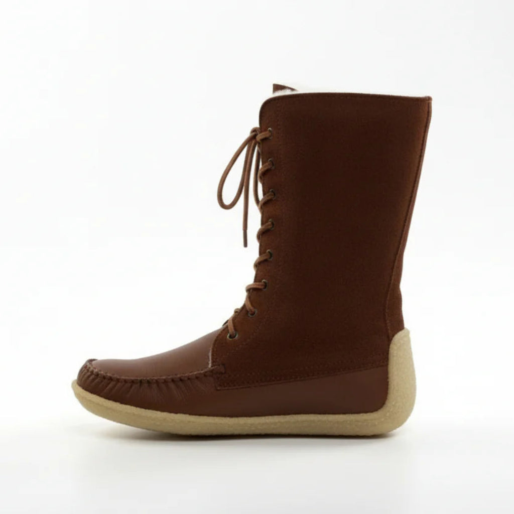 Brown lace-up boot on a white background