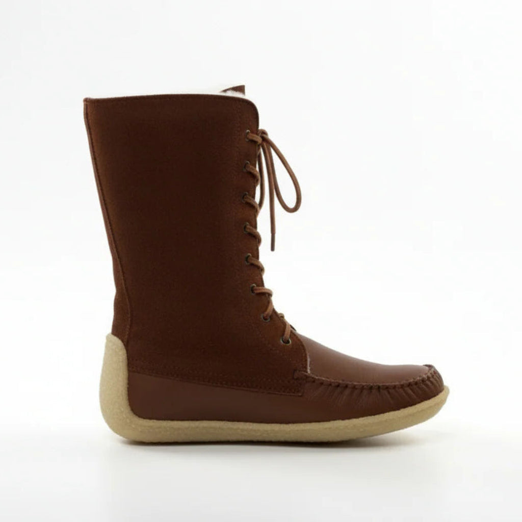 Brown lace-up boot on a white background