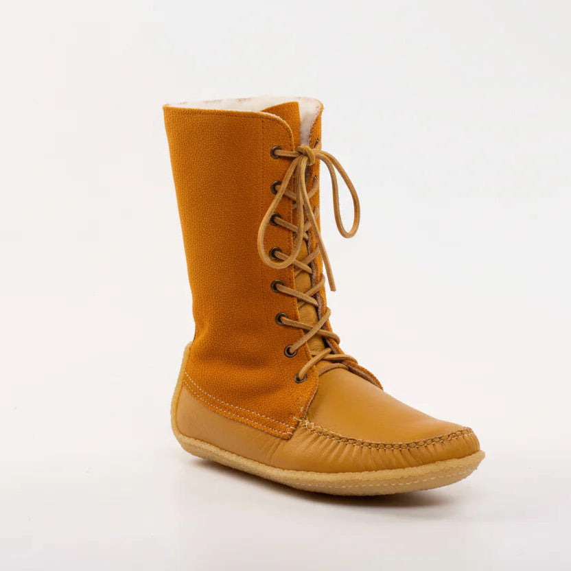 Yellow boot with lace-up design on a white background