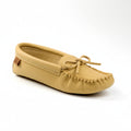Tan moccasin shoe on a white background