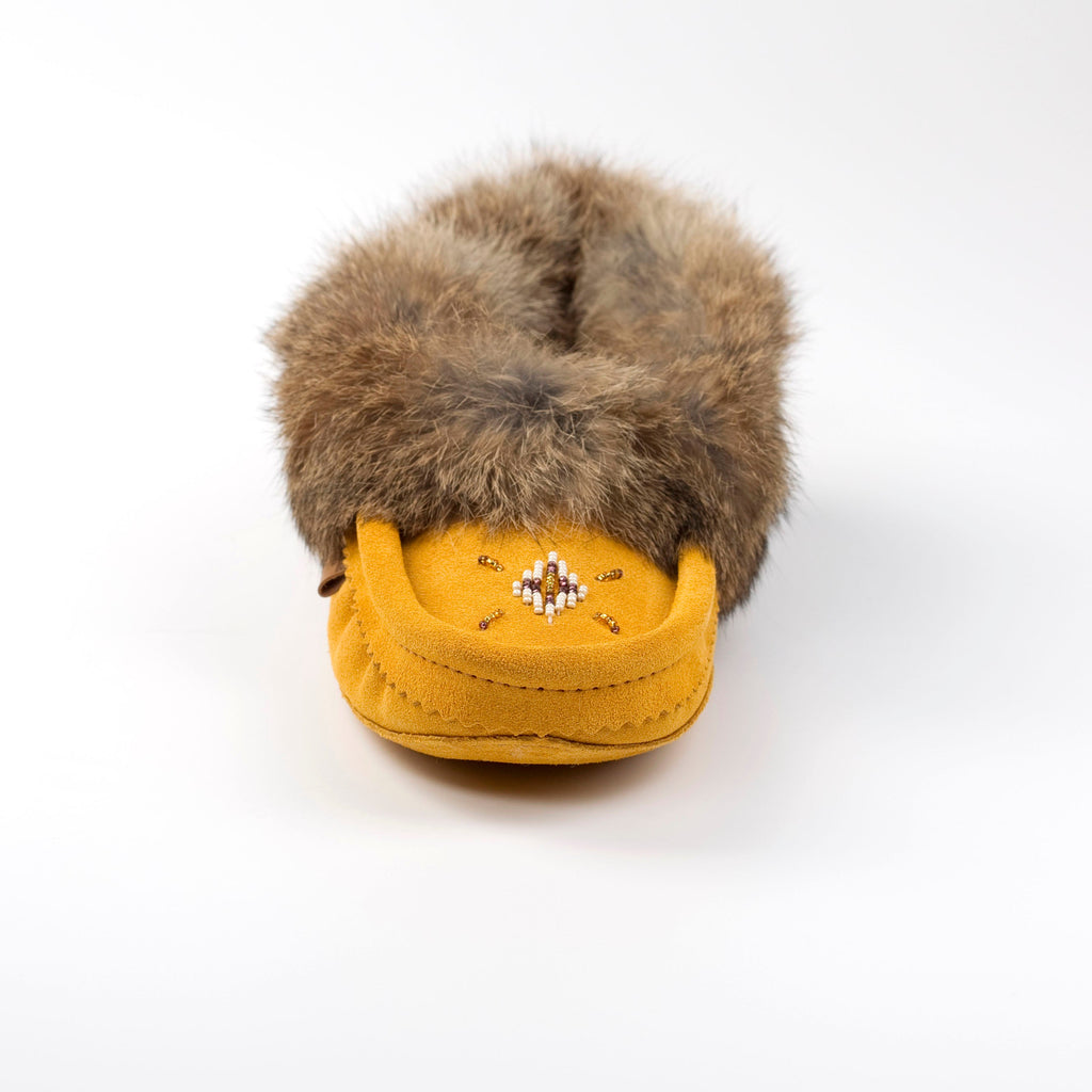 Yellow slipper with fur on a white background