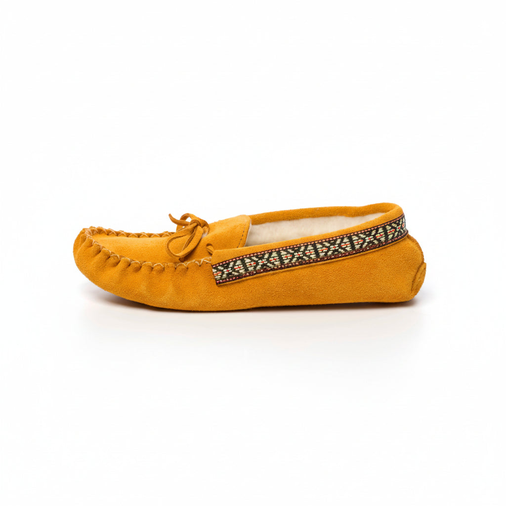 Yellow slipper with decorative band on a white background