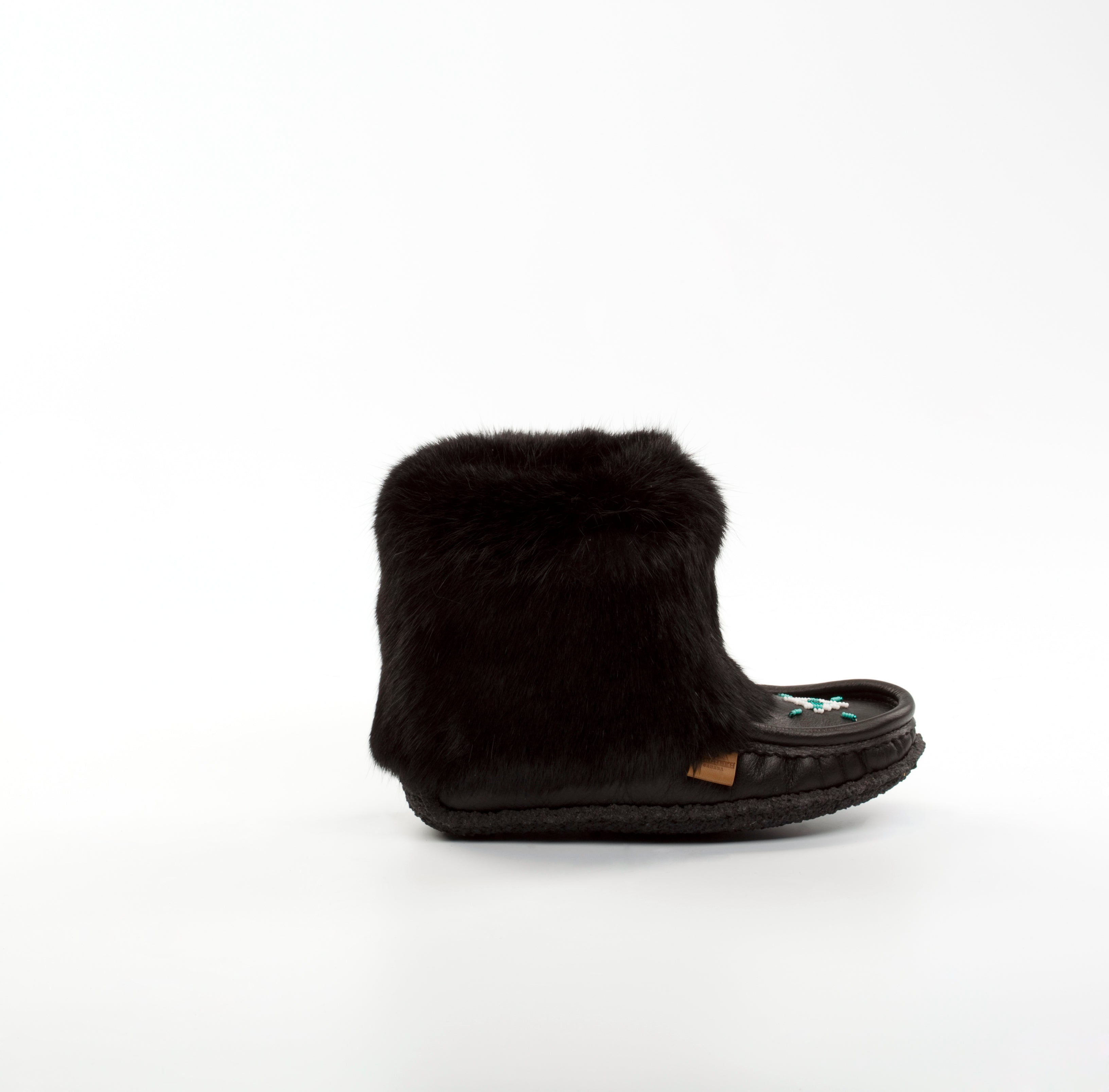 Raven I Cub Mini Mukluk : 8" Black Leather and Black Rabbit Fur Hand-Beaded | Merino Wool