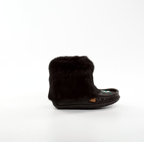 Raven I Cub Mini Mukluk : 8" Black Leather and Black Rabbit Fur Hand-Beaded | Merino Wool