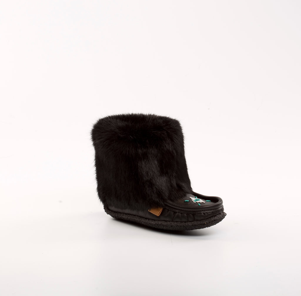 Raven I Cub Mini Mukluk : 8" Black Leather and Black Rabbit Fur Hand-Beaded | Merino Wool