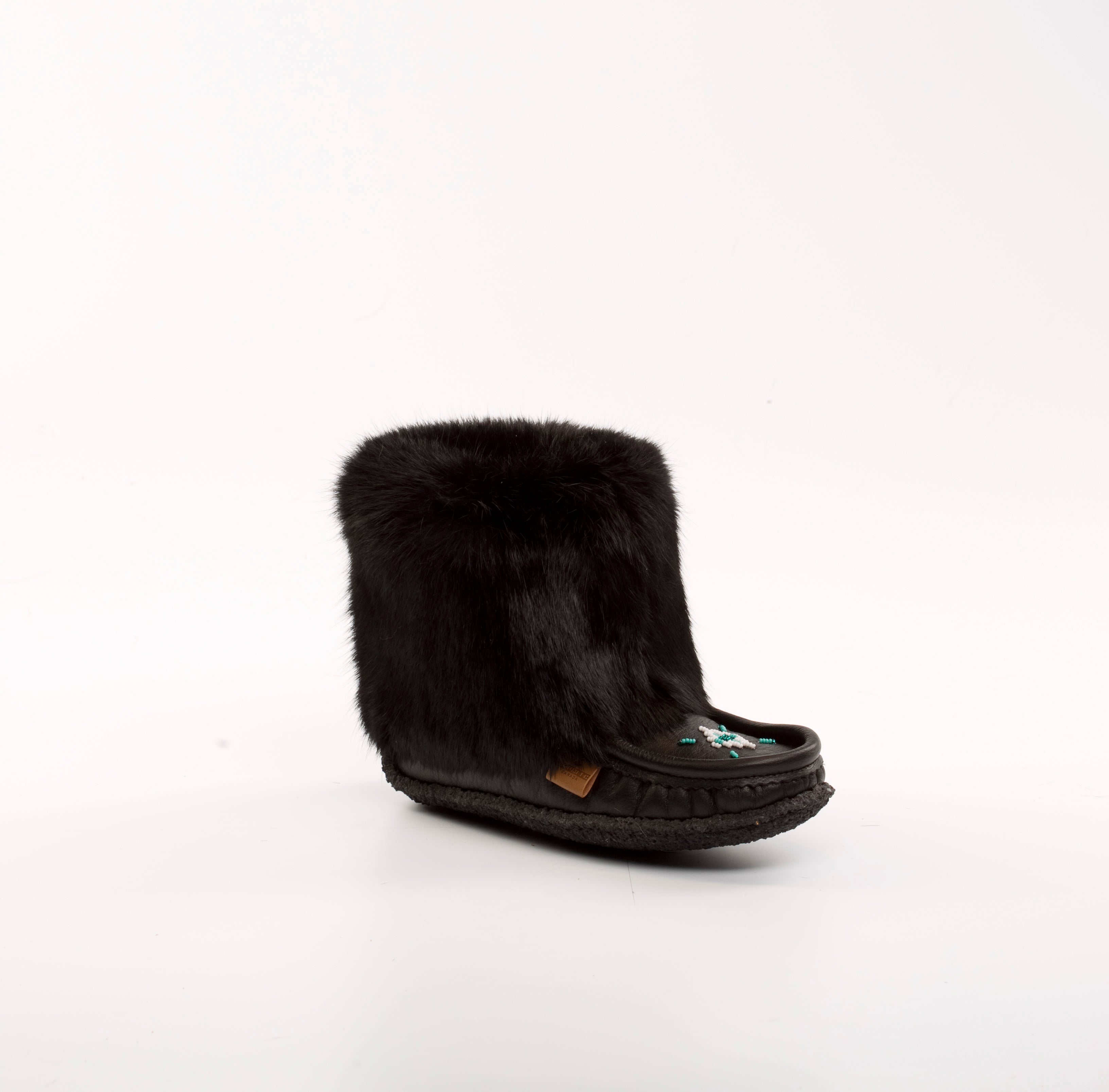 Raven I Cub Mini Mukluk : 8" Black Leather and Black Rabbit Fur Hand-Beaded | Merino Wool