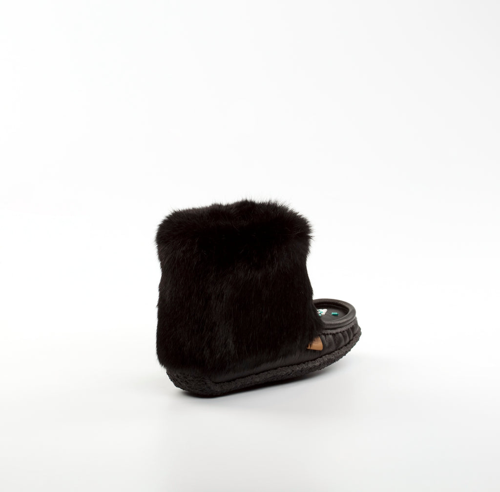 Raven I Cub Mini Mukluk : 8" Black Leather and Black Rabbit Fur Hand-Beaded | Merino Wool