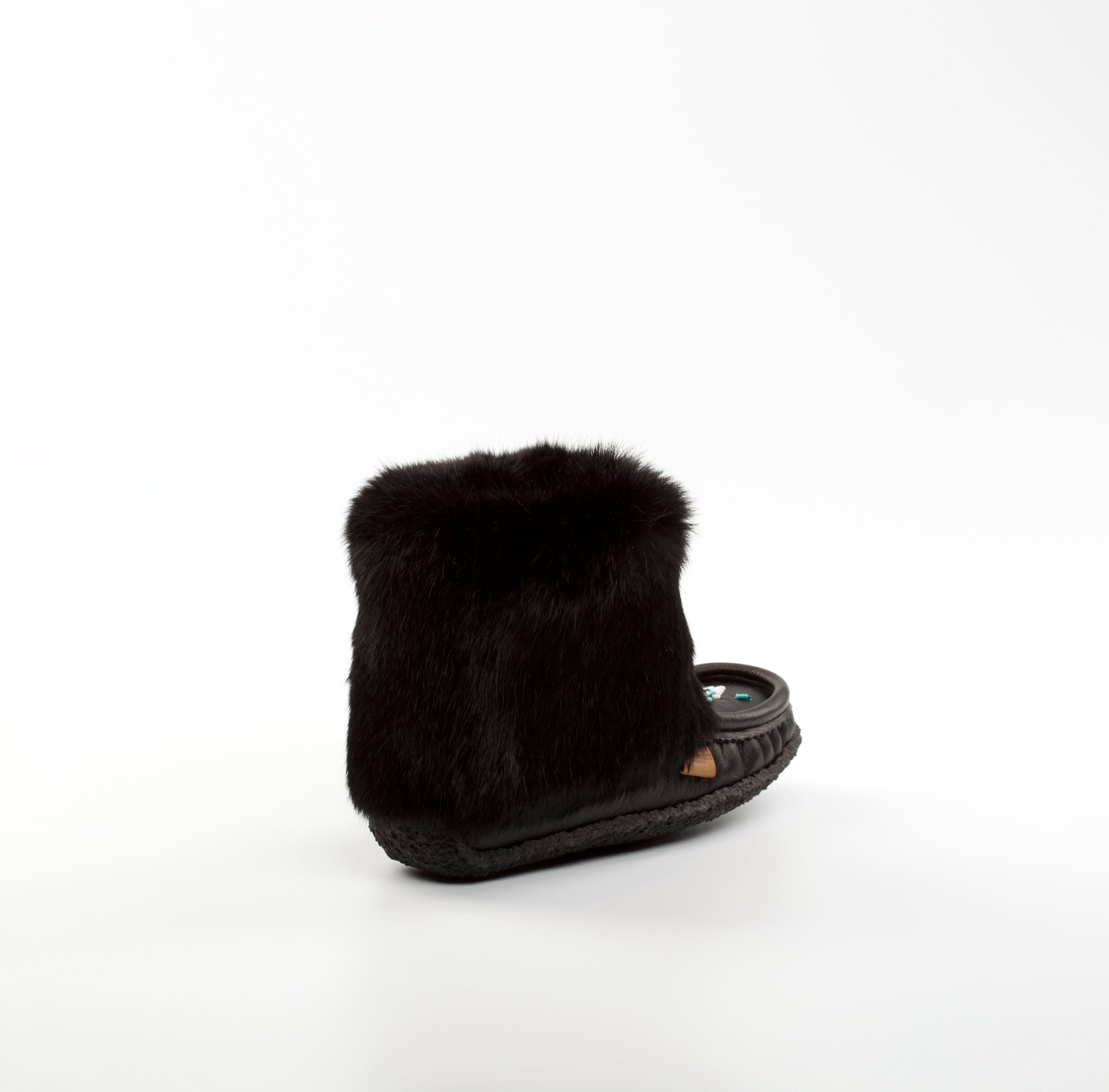 Raven I Cub Mini Mukluk : 8" Black Leather and Black Rabbit Fur Hand-Beaded | Merino Wool
